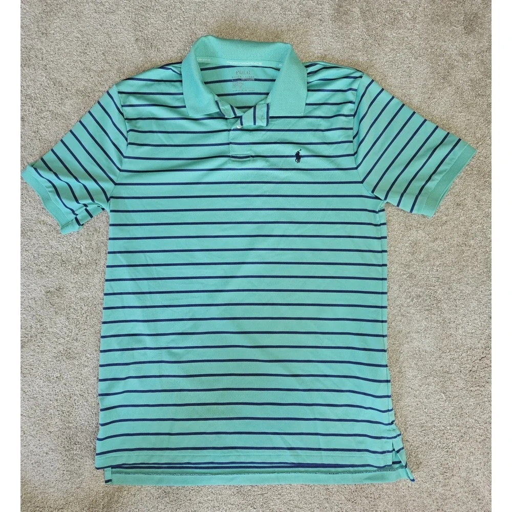 Polo Ralph Lauren Performance Polo Mens XL Teal Green Navy Blue Striped Golf